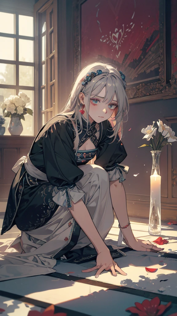 A female maid bending forward to camera, masterpiece, sexy, scattered flowers, haunting, glass, windows, candles, heart, colorful