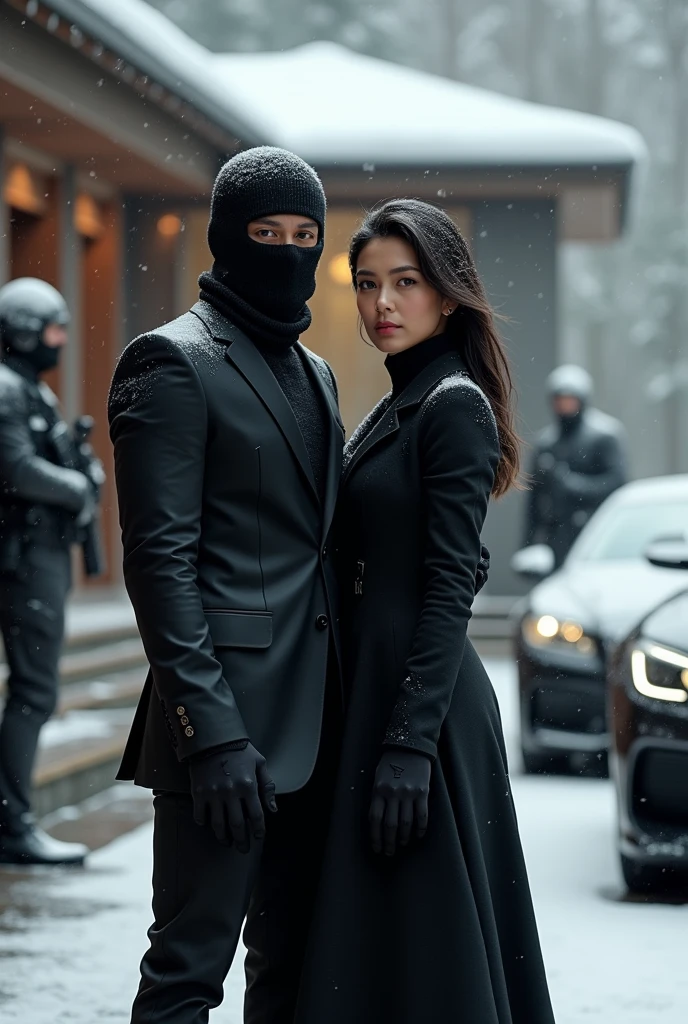 image a ninja family's,  couples, wearing ninja suits without a mask, house of ninja with background, photography professional 