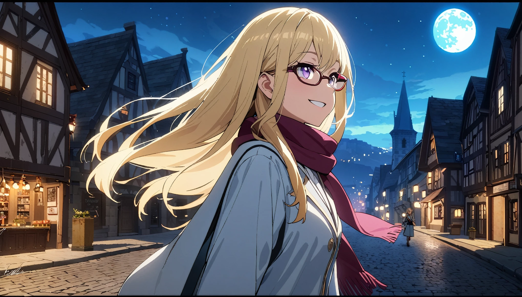 Anime aesthetic, 1girl, anime character, schoolgirl walking through the empty streets, dark night, european medieval town, huge blue moon, blue light, marin kitogava, potrait,  my dressup darling,long straight  blonde hair, glasses, light school suit, scarf, smile, deep purple beautiful eyes, wide shot, anatomically correct, masterpiece, 2k, extremely detailed