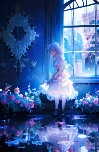 A female maid bending forward to camera, masterpiece, sexy, scattered flowers, haunting, glass, windows, water, puddle, candles, heart