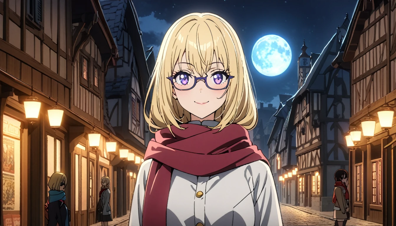 Anime aesthetic, 1girl, anime character, schoolgirl walking through the empty streets, dark night, european medieval town, huge blue moon, blue light, marin kitogava, potrait,  my dressup darling,long straight  blonde hair, glasses, light school suit, scarf, smile, deep purple beautiful eyes, wide shot, anatomically correct, masterpiece, 2k, extremely detailed