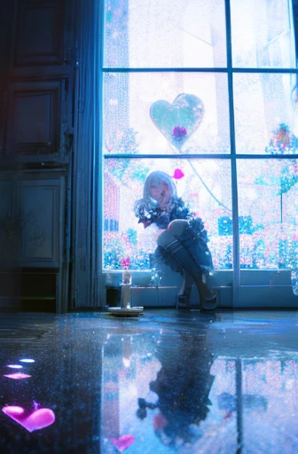 A female maid bending forward to camera, masterpiece, sexy, scattered flowers, haunting, glass, windows, candles, heart