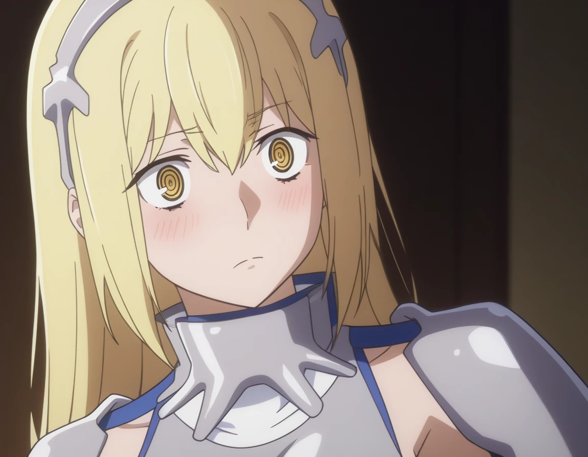 sauce_anime, ambient light, 
screencap, anime coloring, 1 girl, Ais Wallenstein, bangs, long hair, yellow eyes, blond hair, (surprised eyes, wide eyes open,) ,perfect eyes , , Perfect face, close up face:0.2, 
nsfw, , (show off breast),   hairband, torn armored dress, gauntlets, black gloves, thigh boots, (in white panties), pussy juice,,  
indoors, night, realistic night,, , (on side) ,, slim body,                                                          
looking down, solo, , blush, , closed mouth, , nipples,  medium breast,