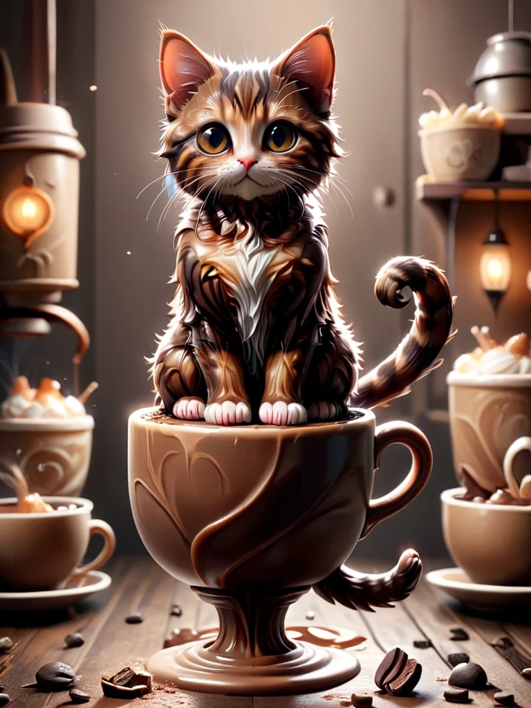 Coffsey , cat、cocoa、 chocolate 、 fantasy、A cute kitten in a coffee cup standing on two legs like a human 。