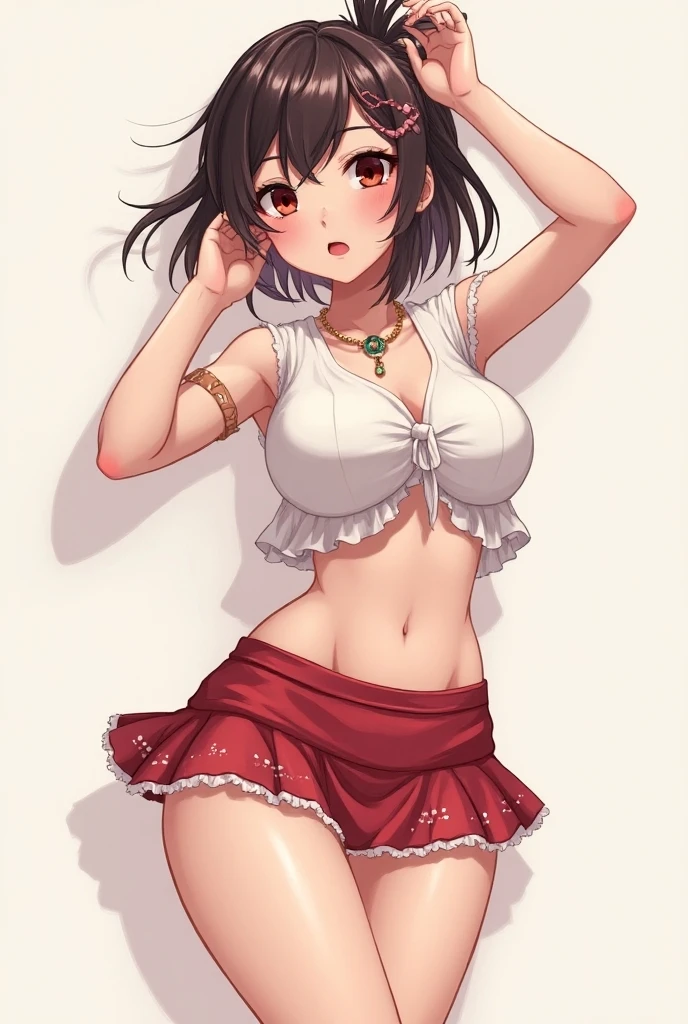 masterpiece,best quality,highly detailed,high resolution,4K,8K,super detailed skin,detailed beautiful eyes,detailed beautiful face,solo,BREAK,from above,full body,standing,arm behind back,BREAK,DOA,Tamaki,official art,adult woman,turquoise green hair,short bob haircut,hairs between eyes,BREAK,long eyelashes,dropping eyes,emerald green eyes,mole under eye,curvy,large breasts,BREAK,(short sleeve front tie plain white collared shirt,plunging necklines:1.4),(strapless,midriff,navel,collarbone,cleavage cutout:1.4),BREAK,close fitting ultra low rise,(red pleated skirt),BREAK,(eyelet belt, grommet belt,bracelet,anklet:1.3),