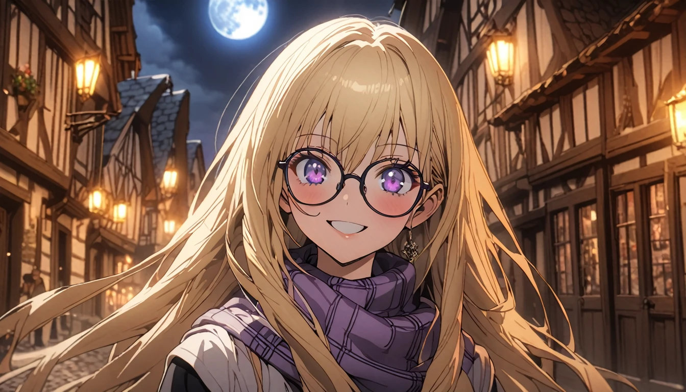 Anime aesthetic, 1girl, anime character, schoolgirl walking through the empty streets, dark night, european medieval town, huge blue moon, blue light, marin kitogava, potrait,  my dressup darling,long straight  blonde hair, glasses, light school suit, scarf, smile, deep purple beautiful eyes, wide shot, anatomically correct, masterpiece, 2k, extremely detailed