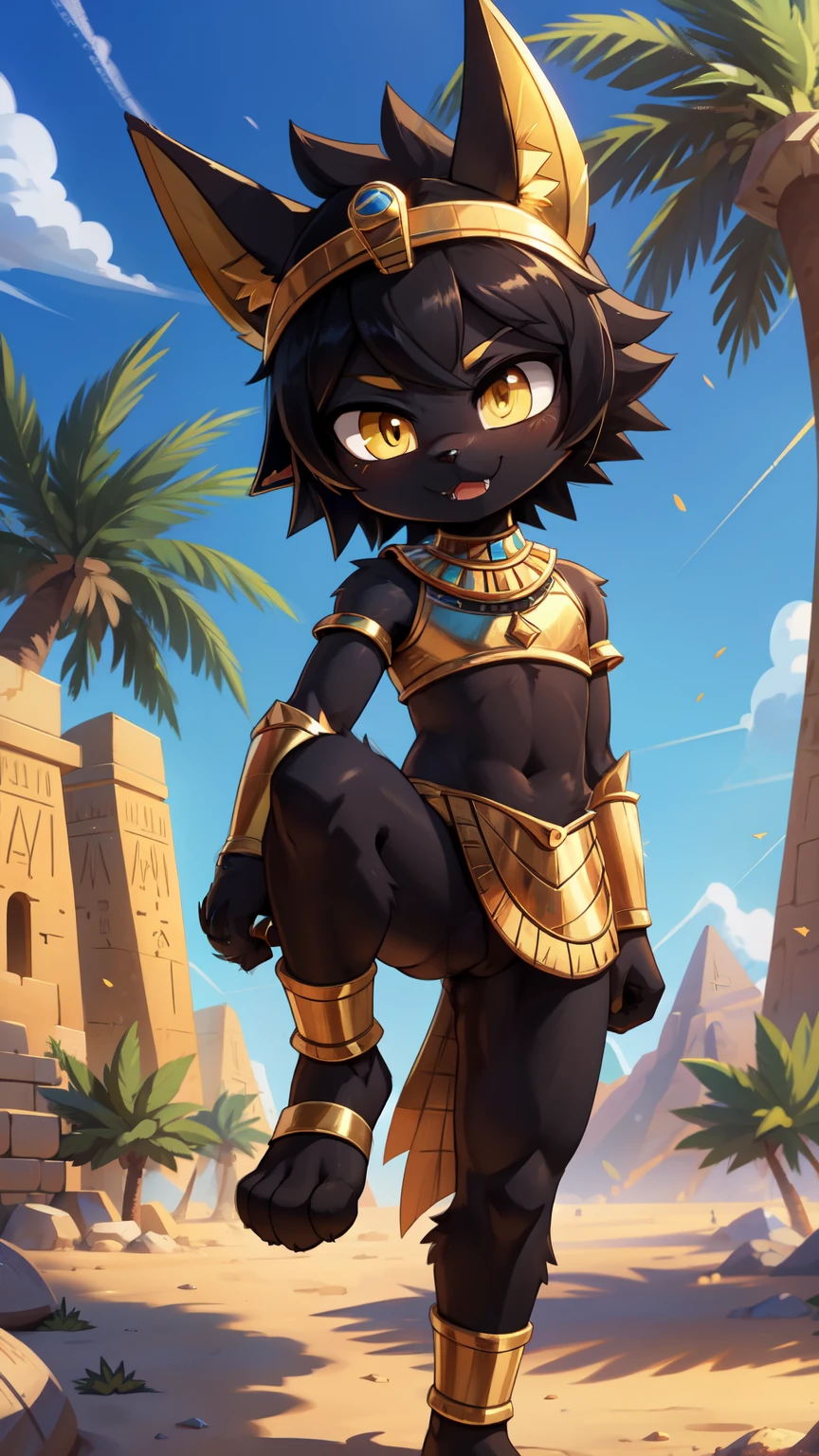 score_9,score_8_up,score_7_up, source_cartoon, source_furry, Anubis, Furry shota, jackal, black hair, short spiky hair, yellow eyes, detailed body fur, ((minuscule Egyptian antique clothes, cute sexy and almost naked, gold crop top armor, midriff, gold helmet)), masterpiece, looking at you, fangs, black body fur, detailed face, big eyebrows, detailed eyes, detailed body, detailed body fur, detailed hands, flat body, glistering body, shiny body, skinny, perfect lighting, perfect shadows, perfect eyes, perfect hair, perfect face, gorgeous body, solo, :3, full body, feets with three toes, desert, oasis, palm tree, clear sky, motion blur, Kick at viewer,