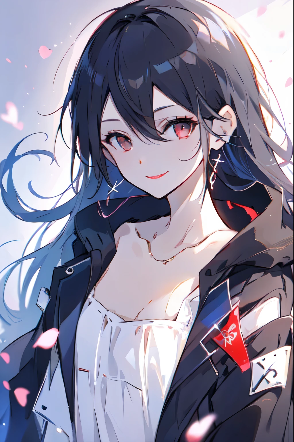 one, Young woman,  Black jacket, Red Eyes ,   direct facial treatment  ,   long hair length  ,   Straight Hair  , Straight bangs,  Light and gradient black stripes,  Japanese, Long earrings,   insidious smile  , 48 years old, Japanese set  , Red lipstick，Female Kirito  