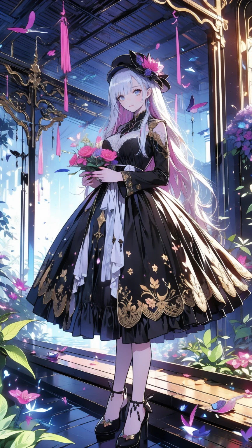 ネオゴススタイルの  girl, Wearing a black dress and a white collar, Wearing a black hat 、 with heavy makeup ,  she's standing in a mysterious garden  、Surrounded by vines  . The garden is full of dark purple flowers  .、Gothic architecture in the background。.  girl&#39;Iの髪は黒色、  her hair is long braided  .、  has red roses next to her  。. Her eyes are sharp、It&#39;stabbing.,  thick black eyeliner and red roses blooming next to long eyelashes  .  she has white skin .、Lips bright red.. The atmosphere is gloomy and eerie, Dim lighting casts long shadows.  This work is a combination of digital illustrations and photographs.., result、そのresult、Incredibly high resolution images。. Most colors are dark、I&#39;kind,  dark red and purple exude dark beauty ..  The overall style is neo-gothic  ., Horror,  Portrait photo  ,  creates a unique and fascinating visual experience  .Dark Imagery
