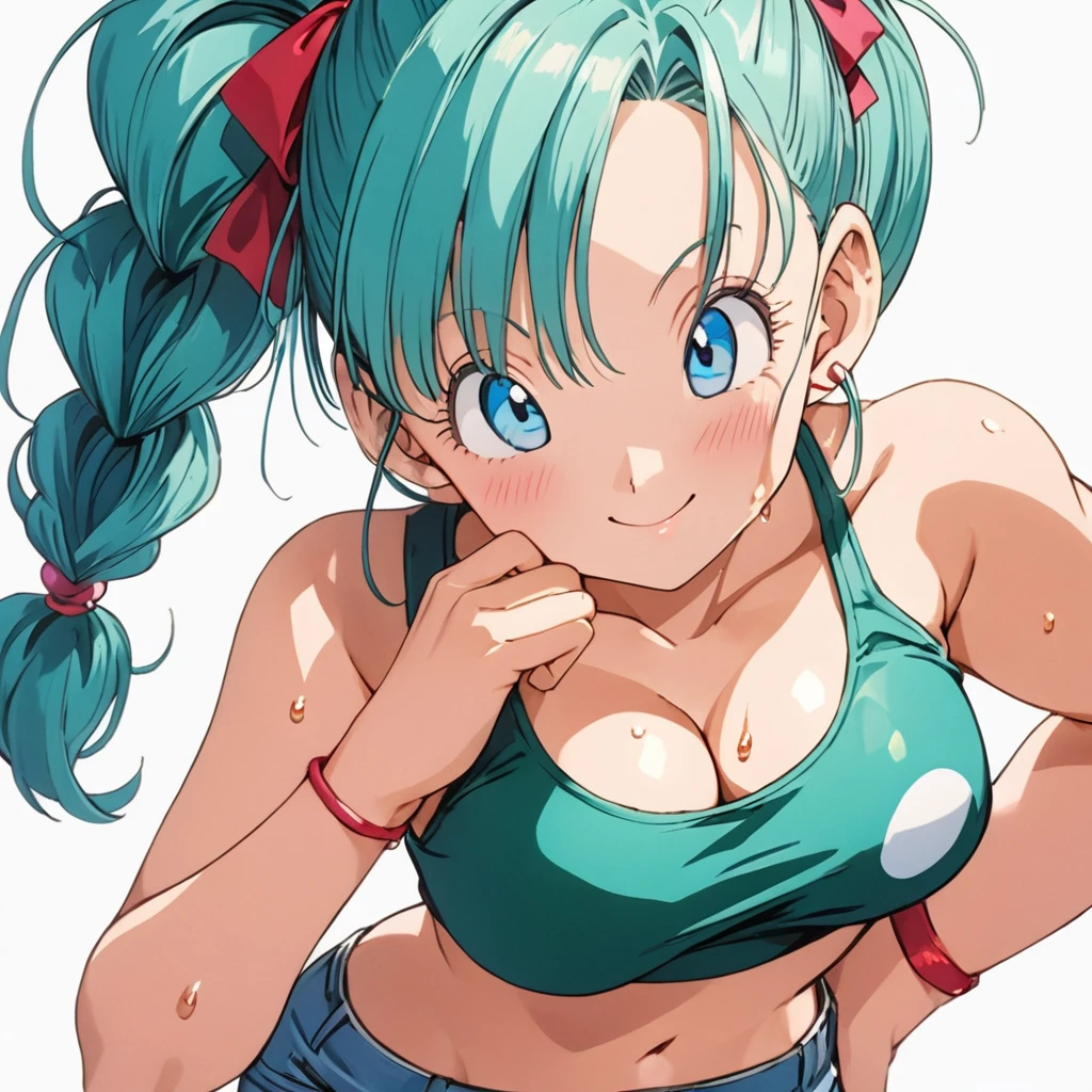 masterpiece, Best Quality, High resolution,16k,super detailed skin, (Bulma),dragonball,1990s \(style\),adult lady,25 years-old,F cup beautiful breasts、height: 160cm,Sweating all over the body,athlete,sexy,1 girl,solo,Anime-style painting style,aqua hair, one side up, blue eyes, medium breasts, hair bobbles, pink tank top, short shorts,Big eyes,smile,Cool look,Pointed Eyes,tunktop,Composition focusing on the upper body,blush,Showing cleavage,Anime-style painting style,Captivating look,Seductively Posing,(white simple background:1.5)