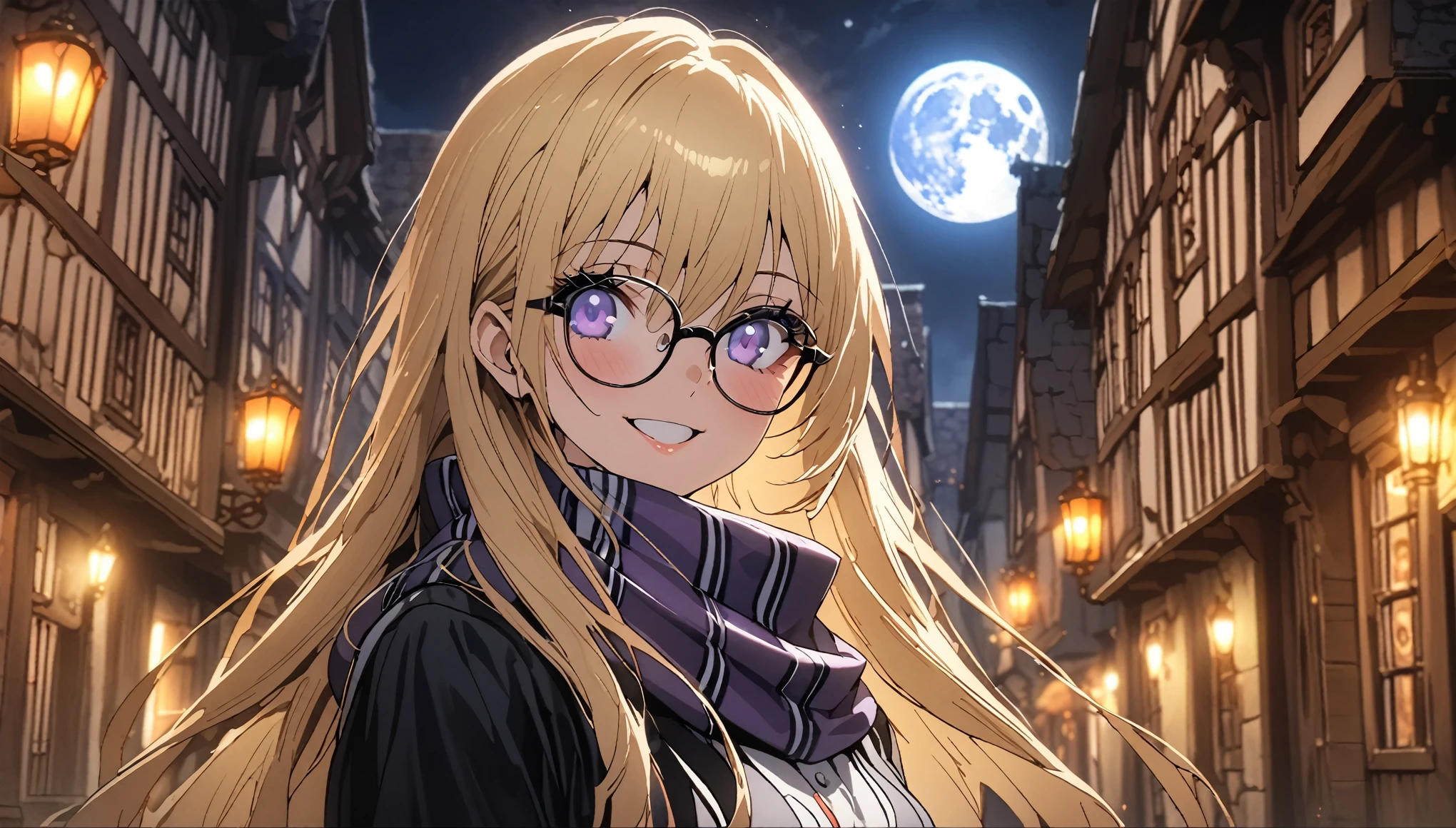 Anime aesthetic, 1girl, anime character, schoolgirl walking through the empty streets, dark night, european medieval town, huge blue moon, blue light, marin kitogava, potrait,  my dressup darling,long straight  blonde hair, glasses, light school suit, scarf, smile, deep purple beautiful eyes, wide shot, anatomically correct, masterpiece, 2k, extremely detailed