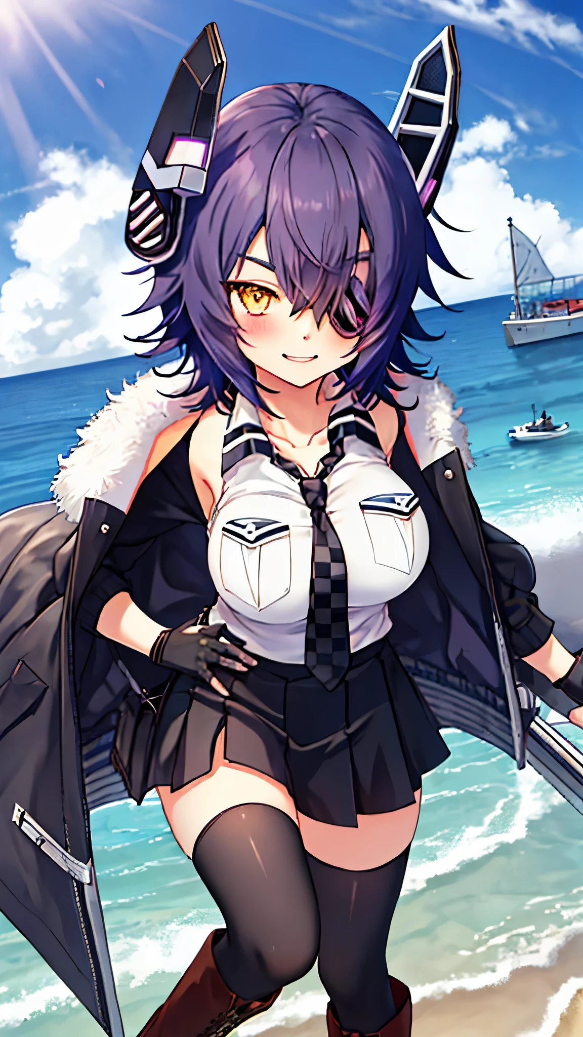 best quality, masterpiece, solo, {tenryuu_kantaicollection:1.15}, teen_girl, eyepatch, short_hair, purple_hair, yellow_eyes, headgear, breasts, necktie, large_breasts, smile, 1girl, blush, checkered_necktie, hair_over_one_eye, shirt, collared_shirt, white_shirt, jacket, sleeveless, brown_eyes, fur-trimmed_jacket, fur_trim, collarbone, looking_at_viewer, pocket, breast_pocket, ,, messy_hair, black_gloves, gloves, partially_fingerless_gloves,harbor_road_landscape_background,outdoor,short_skirt,thigh-highs,boots,sunlight,from_below