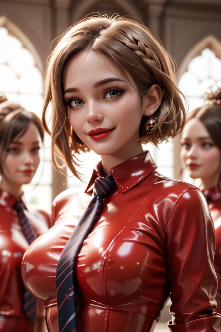 4 girls in extremely tight shiny red latex underbust shirt, Are in school, shiny hair, Breasts,  seductive smile , Reflected light, Lens reflection, Necktie,Make-up, Red lips, Beehive hairstyle , 