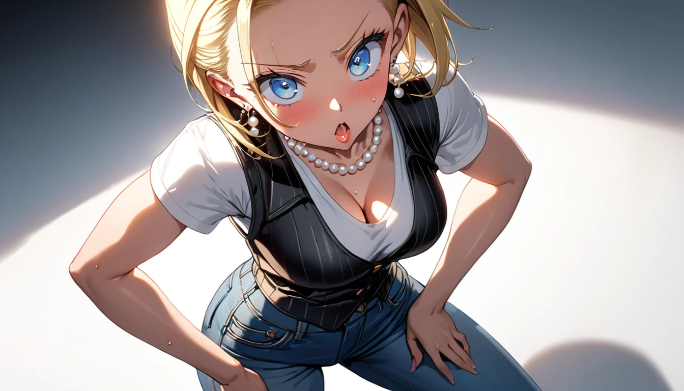 masterpiece, Best Quality, High resolution,16k,super detailed skin, (android 18),1990s \(style\),(E-cup beautiful breasts), (tall:1.2),height: 170cm,Fashion model body type,Sweating all over the body,{{muscular}}、1 girl,solo、(nsfw), blonde, blue eyes, (black vest,White T-shirt,jeans,:1.5),Pearl necklace, bracelet,{{ Short slicked back hair}},Earrings,(Cool face)、(Pointed Eyes),Big eyes,blush,cleavage,Anime-style painting style,,A composition that shows the whole body,Captivating look,BREAK(white simple background:1.5),cinematic lighting,superfine,dynamic angle,(sexy,ahegao,vulgarity:1.5)