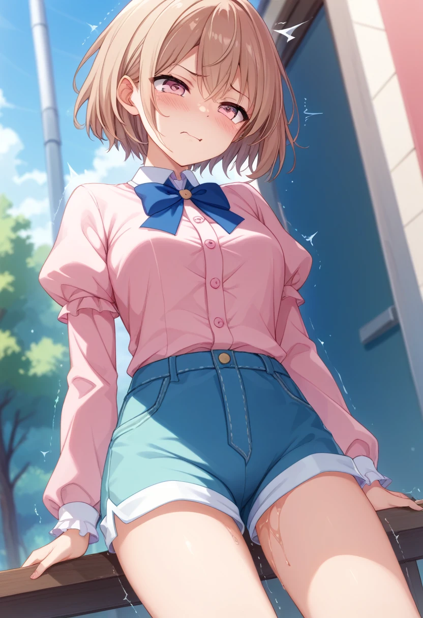 female、High image quality、Brown short hair、shorts、Clothes with buttons、puff sleeves、Troubled face、Embarrassing、pink clothes、とてもEmbarrassing、(Diapers)、(膨らんだDiapers)、(Pee)、Trembling