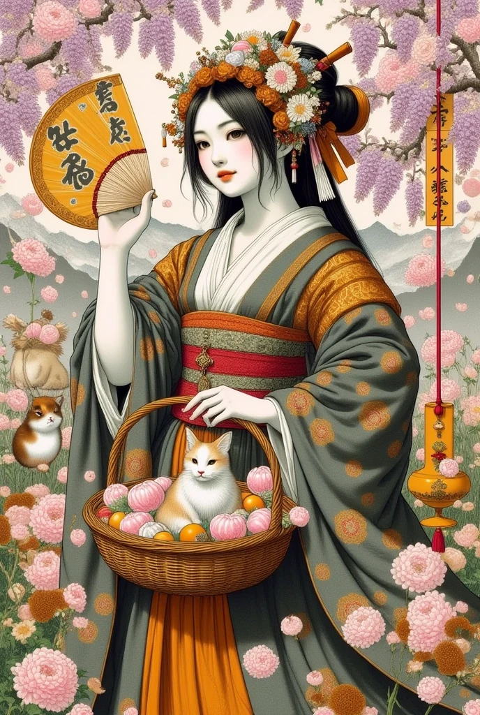 (Ultra-detailed face, Looking away, Fantasy Illustration with Gothic, Rich tone colors.), BREAK 
(A female Japanese dancer in a Japanese kimono dances quietly amidst falling cherry blossom petals on an outdoor theater built in the garden of a large Kyoto shrine.), BREAK 
(The dancer wears a greenish-brown Japanese kimono with a vermilion hairpin in her tied Japanese hair. Her kimono is decorated with a ball of woven thread, a celadon incense burner, a bamboo screen and wisteria flowers fluttering in the wind. A fan with a tortoiseshell cat on it is open, and she dances gracefully, stepping with it. She wears white tabi socks on her feet.), BREAK 
(A female dancer of a young age with jet-black hair and eyebrows, her hair tied in a round topknot, small pink lips, white skin coated with white powder, lavender eyes, and thick, dark eyeliner around her eyes.)