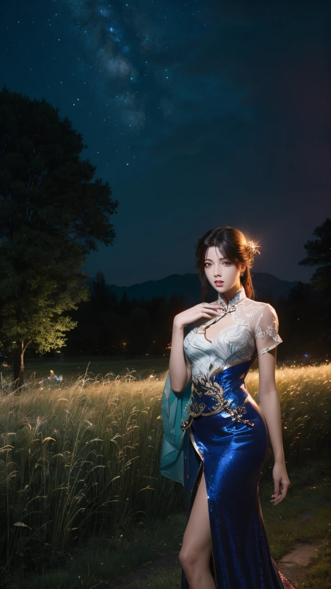 Perfect World， High Resolution ,  high detail ,  Very detailed ，night，grassland，Stars Shine ，Women，Chinese clothing，skirt， Watching Everyone， sparkle effect, , 