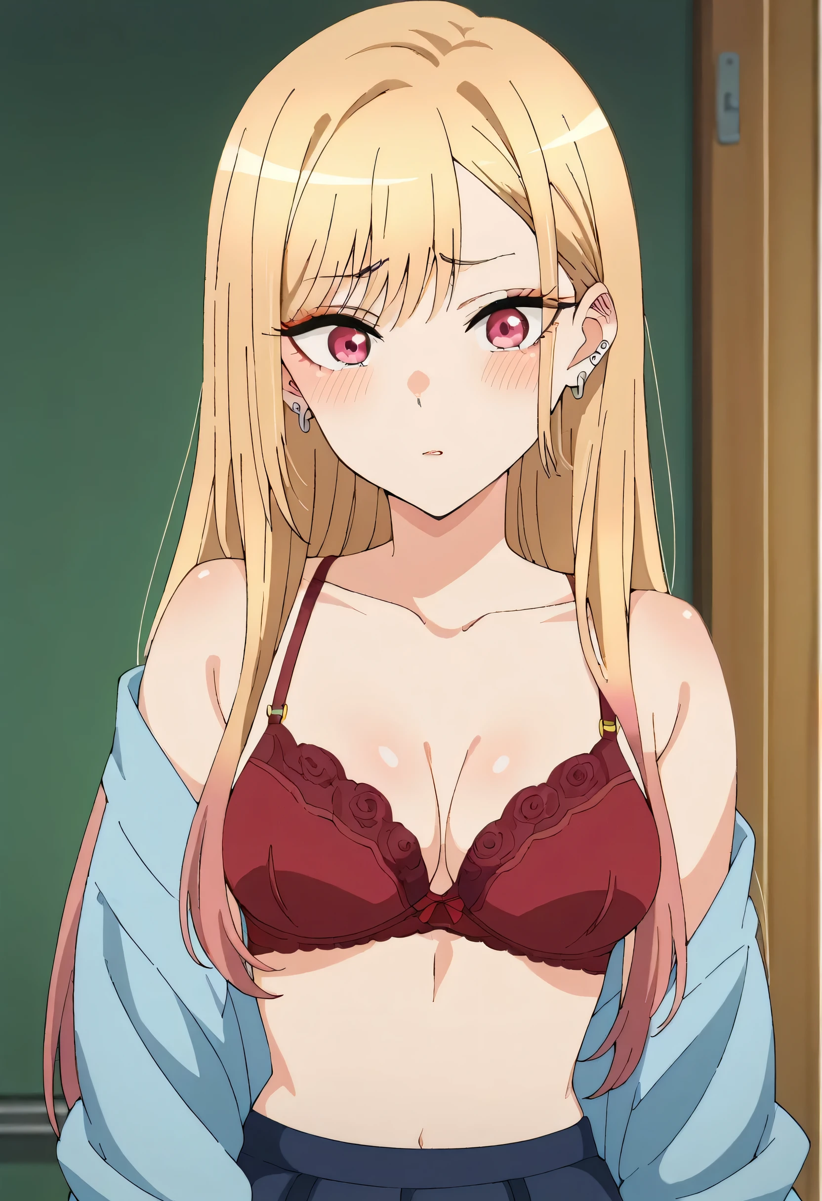 kitagawa_marin, multicolored hair, blonde hair, long hair, magenta eyes, ear piercing, earrings, pink nails, makeup, multicolored hair, red bra, red panties, black thighhighs, medium breasts, rounded breasts, blush, MULTICOLORED HAIR, marin kitagawa, KitagawaMarin, upper body