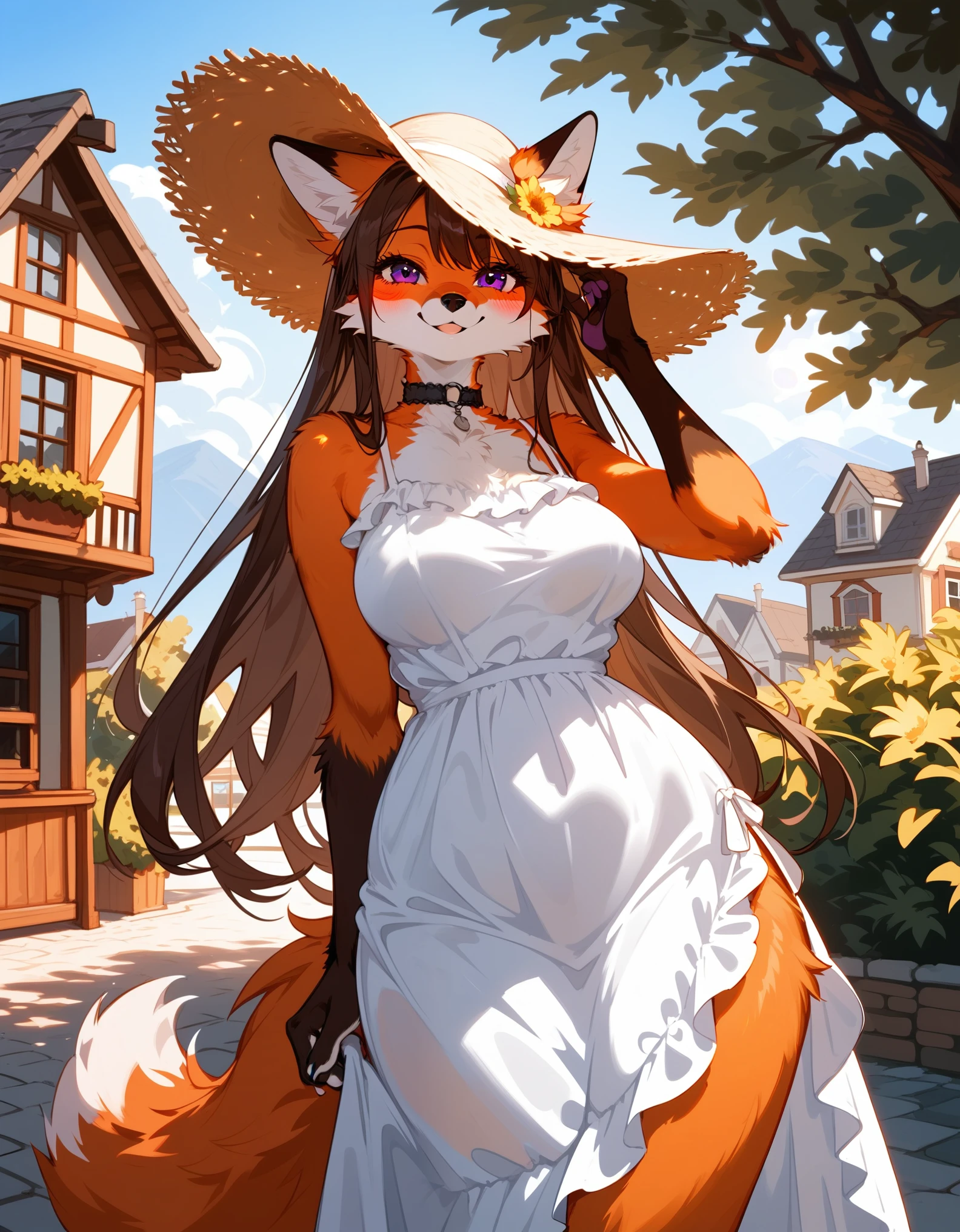 (score_9,score_8_up,score_7_up), (furry), cowboy shot, from side, (furry female fox), mature female, orange fur, (body fur), brunette hair, long hair, (straight hair), purple eyes, seductive smile, blush, paws, claws, medium breasts, (wide hips), thick thighs, choker, sun hat, sundress, frilled dress, hand on headwear, looking at viewer, outdoors, house, neighborhood