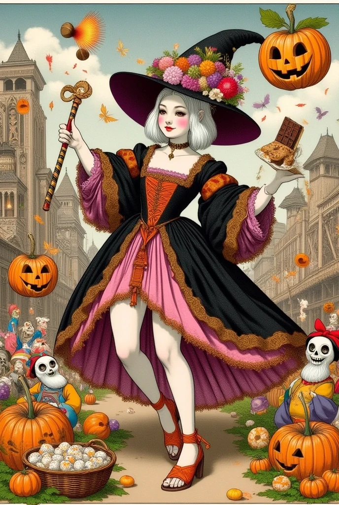 (Ultra-detailed face, Looking away, Fantasy Illustration with Gothic, Rich tone colors.), BREAK 
(This is a world of medieval, magic and steampunk. It is Halloween, a day that has its origins in an ancient Celtic harvest festival. It is the day when evil spirits and evil spirits of rivers and mountains appear in this world as well as celebrate the autumn harvest. A female dark elf astrologer floats in the sky. She strikes a bold pose and moves her large arms and legs, raising her striped candy cane and throwing cookies, candy, chocolate bonbons, and popcorn at the giant Pumpkin Fiend Jack-O-Lantern. The Pumpkin Witch twirls her chocolate bar cudgel around, the cudgel's trail glowing red.), BREAK 
(The dark elf woman wears a wide-brimmed crimson hat with a ruby red scorpion ornament and a choker with woven rainbow-colored beads. She wears a melon-colored lace-up dress in the style of ****ta fashion with a crimson lace trim. She wears orange sandals with pumpkin tassels, made of soft leather woven with silver thread.), BREAK 
(A dark elf woman of young age with pure white hair and eyebrows, very long messy hair reaching to the ground, small pink lips, dark purple skin, lavender eyes, and thick dark eyeliner around her eyes.), BREAK 
(The festival square of a medieval Nordic country town is filled with fireworks, pumpkin lanterns, and people dressed up as colorful ghosts, zombies, and clowns. People are laughing and throwing pumpkin lanterns at each other.)