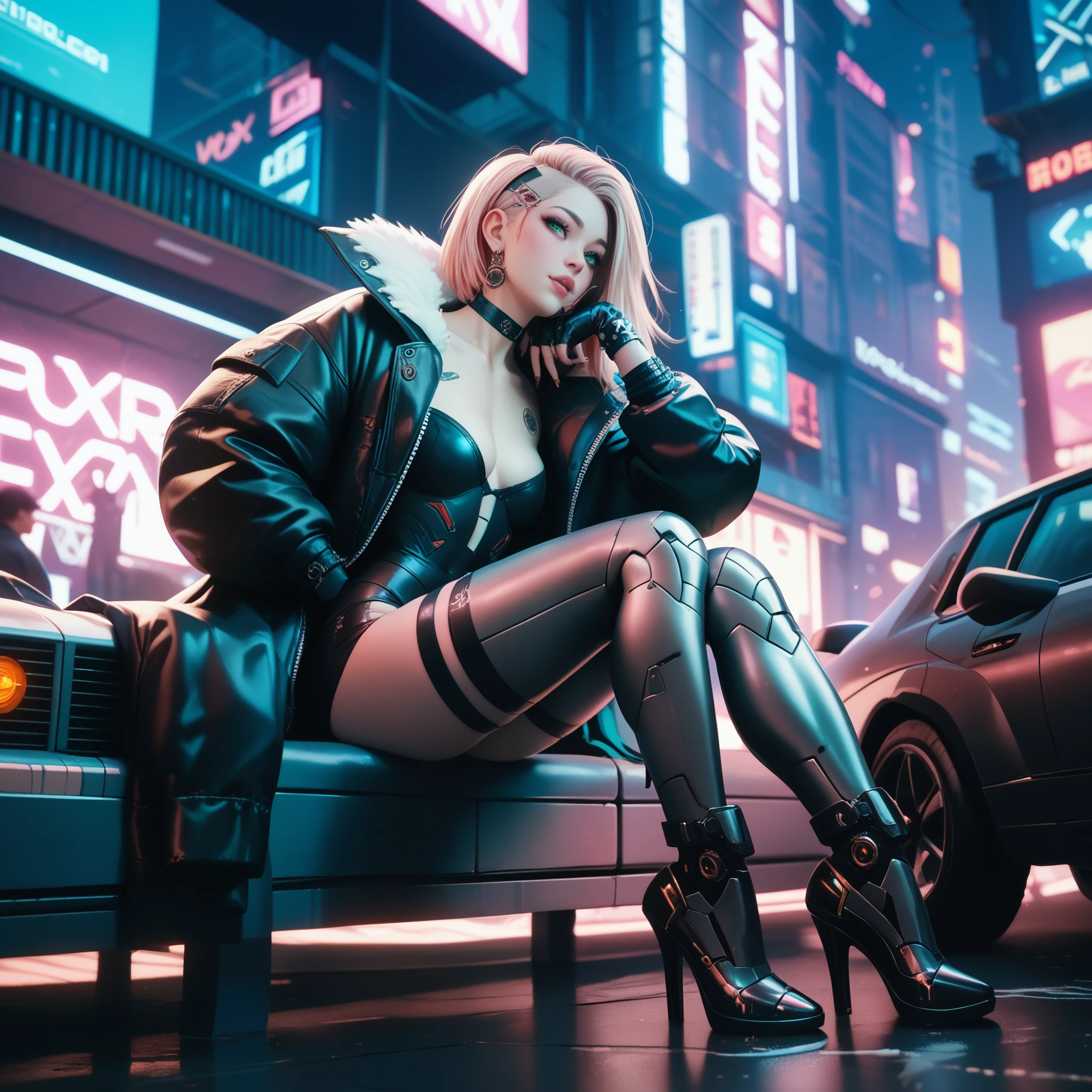 "Ultra-high resolution, UHD, ultra-detailed, hyper-realistic skin texture, high-quality rendering, photorealistic portrait. A futuristic anime-style woman named Lucynova with a choppy, asymmetrical bob of pure white hair featuring short pink and blue highlights. She is seated on the edge of her large oval-shaped glass window in a sleek apartment. A glossy black leather sofa is parallel to the window, overlooking a vibrant cyberpunk cityscape with neon lights, glowing signs, and a space shuttle taking off into the night sky. She gazes outside, her legs resting on the window edge, arms on her knees. Neon reflections illuminate the sharp contours of her black leotard, thigh-high boots, and utility belt—a signature cyberpunk outfit. Shot with a wide-angle lens, capturing her side profile, lit dramatically by the glowing neon city lights."


