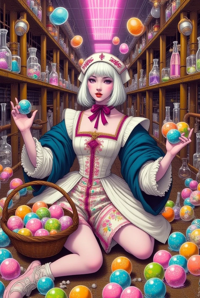 (Ultra-detailed face, Looking away, Fantasy Illustration with Gothic, Dark tone colors, Perspective looking down from above), BREAK 
(A dark elf woman is slumped on the floor in a daring pose, her body enveloped in colorful rainbow-colored bubbles that have splattered all over the room. Her eyes are wide open and she looks stunned.), BREAK 
(A young-aged dark elf woman with pure white hair and eyebrows, blunt bangs, bobed disheveled hair, small pink lips, dark-purple color skin, lavender pupils, Draw thick, dark eyeliner around the eyes.), BREAK 
(The dark elf woman is wearing a pink nurse's cap covered in bubbles and a large crimson ribbon tie. She wears a short nurse's uniform of pure white fabric embroidered with runes bordered with pale flames. She wears pink nurse's shoes.), BREAK 
(Large iron pipes, glass tubes, beakers and flasks are intricately connected, bubbling with colorful chemicals. Aerial glassware and tools float in the air, neon lights with a sensational pink glow are attached to the ceiling, and the room is filled with soap bubbles, bubbles, and foam droplets bursting and filling the room.)