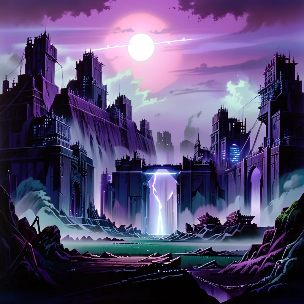 A futurist area of space and universe if it were a wonderful city of planets. In the middle of the scenario, a triplewave star glow of magical energy, as if it led to another dimension. The landscape is wrapped in fog, with a twilight sky in shades of purple and red, and lightning of magical energy between the ruins. The atmosphere is intense and mystical, with long shadows and a sense of hidden power in the dark and vibrant colors of the scenery. CGI style.