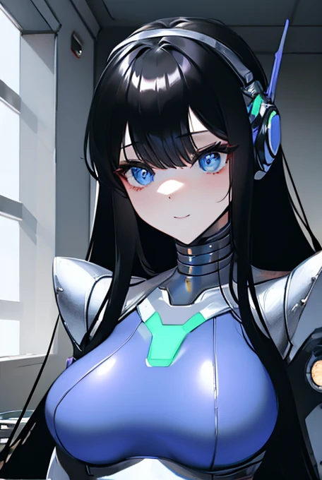 (masterpiece),(Highest quality),(Super detailed),(Best illustrations),(Best Shadow),(Absurd),(Detailed Background),(so beautiful), 16K, 8K, 4K,(Best Shadow),robotization,woman ,big bust,Robot Joint ,Metal skin,Black robot Suit,long hair,a black robot suit that covers the whole body,robot hand,cyber bodysuit,mecha head,(Detailed hands and fingers:1.2),Ball joint robot body,doll joint,beautiful face,beautiful robot girl,robotic eye,robotic hands,(no more human skin),android girl,cyborg girl,F cup, sexy body,(machine made joints:1.2),(machanical limbs:1.1),(blood vessels connected to tubes),(mechanical vertebra attaching to back),(mechanical cervial attaching to neck),no messy picture style,smile