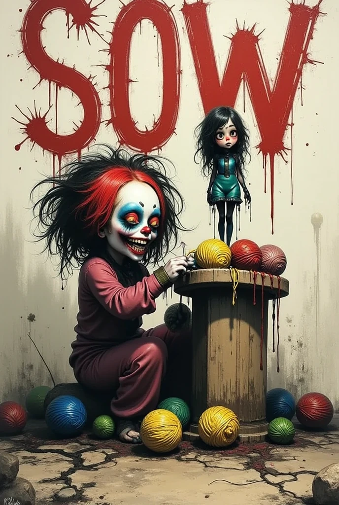  clown sticking a knitting needle into yarn、「sow」と書いたデスメタルバンド風ロゴデザインの台座の上に座テイル、Tail sits on a pedestal with a death metal band-style logo design with a strange creature with tentacles growing from a large number of balls of yarn fills the floor 、 A large 「sow」 written on the wall in the background、An abandoned and decayed amusement park 、