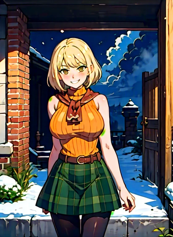 4k, fine detail, masterpiece, high quality eyes, high detail painting, soft shadows, best character art , 1 girl, solo girl, half nude, open clothes,massive breasts, brown eyes, smile, blush,mischievous grin, blonde hair,  bangs, red scarf, orange sweater, sleeveless turtleneck, green miniskirt, belt, pantyhose, castle, castle ruins, snow, clouds  