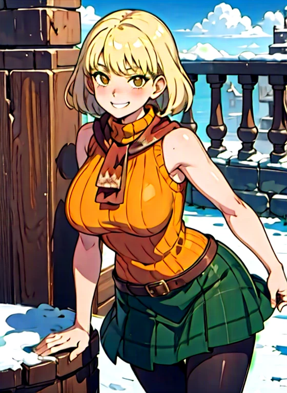 4k, fine detail, masterpiece, high quality eyes, high detail painting, soft shadows, best character art , 1 girl, solo girl, half nude, open clothes,massive breasts, brown eyes, smile, blush,mischievous grin, blonde hair,  bangs, red scarf, orange sweater, sleeveless turtleneck, green miniskirt, belt, pantyhose, castle, castle ruins, snow, clouds  