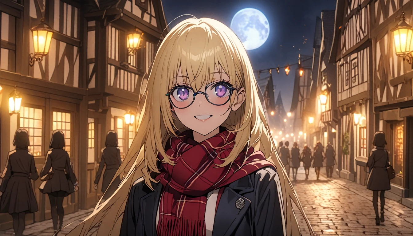 Anime aesthetic, 1girl, anime character, schoolgirl walking through the empty streets, dark night, european medieval town, huge blue moon, blue light, marin kitogava, potrait,  my dressup darling,long straight  blonde hair, glasses, light school suit, scarf, smile, deep purple beautiful eyes, wide shot, anatomically correct, masterpiece, 2k, extremely detailed