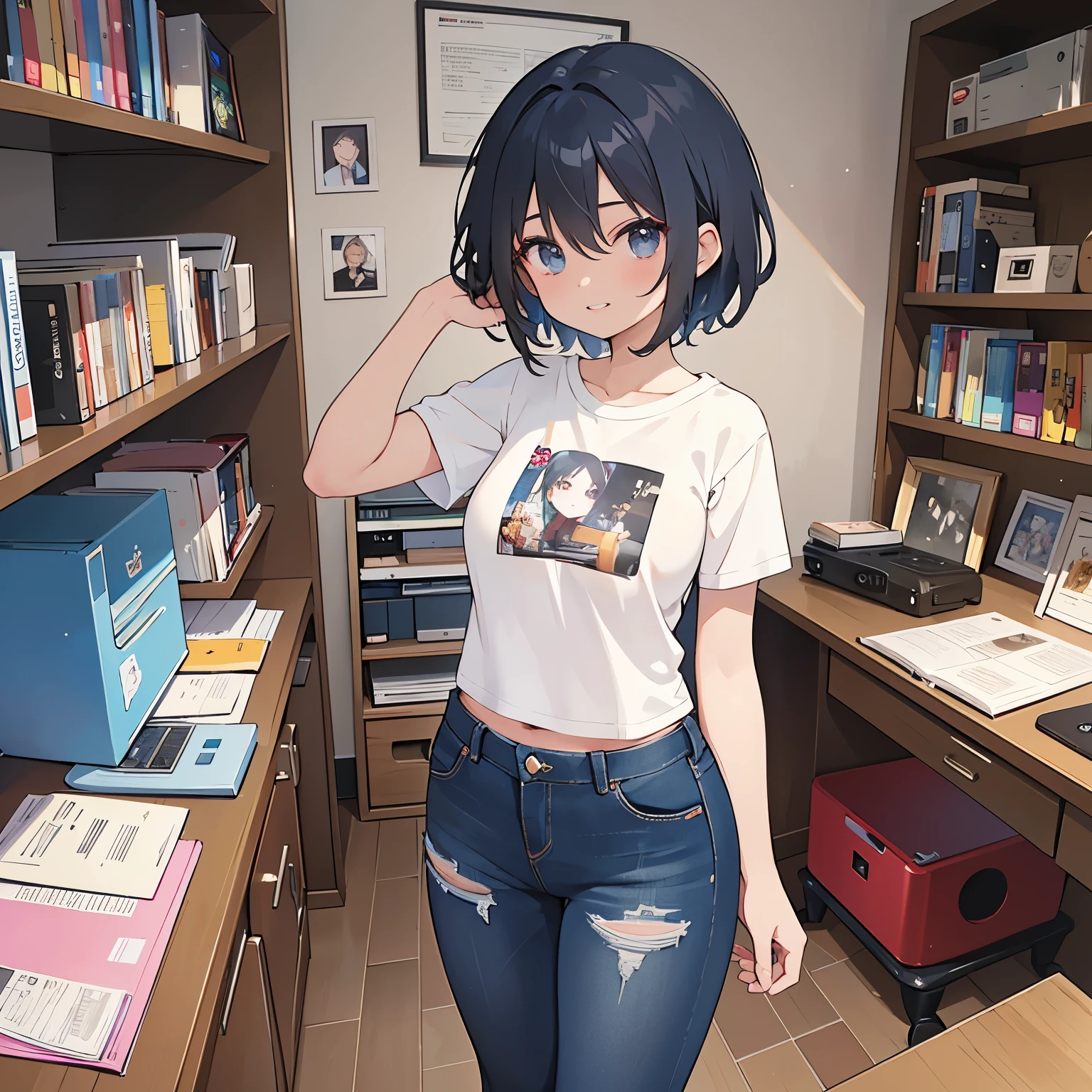  is the best quality, 1 Girl, (( looks at the audience)), Dark blue hair,  black eyes ,  very short hair ,  spiky hair , Ahog, t-shirt,  High waist jeans , 171cm,  Messy Hair ,  hair between eyes ,  medium chest ,   big breasts , full,  dark skin , Tomboy, aldult, 20 years old, 1 Girl,  alone , only,  grins , Wide hips, thigh,  to a standing,  messy room , bedroom, shelf, DVD, books,  video games , , CD, Vinyl Records, VHS tapes,