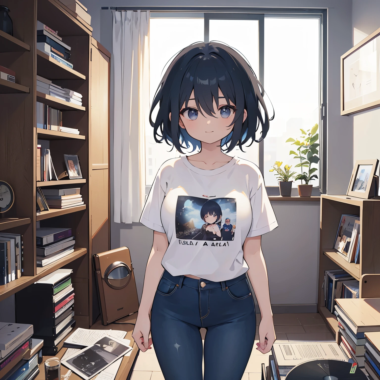  is the best quality, 1 Girl, (( looks at the audience)), Dark blue hair,  black eyes ,  very short hair ,  spiky hair , Ahog, t-shirt,  High waist jeans , 171cm,  Messy Hair ,  hair between eyes ,  medium chest ,   big breasts , full,  dark skin , Tomboy, aldult, 20 years old, 1 Girl,  alone , only,  grins , Wide hips, thigh,  to a standing,  messy room , bedroom, shelf, DVD, books,  video games , , CD, Vinyl Records, VHS tapes,