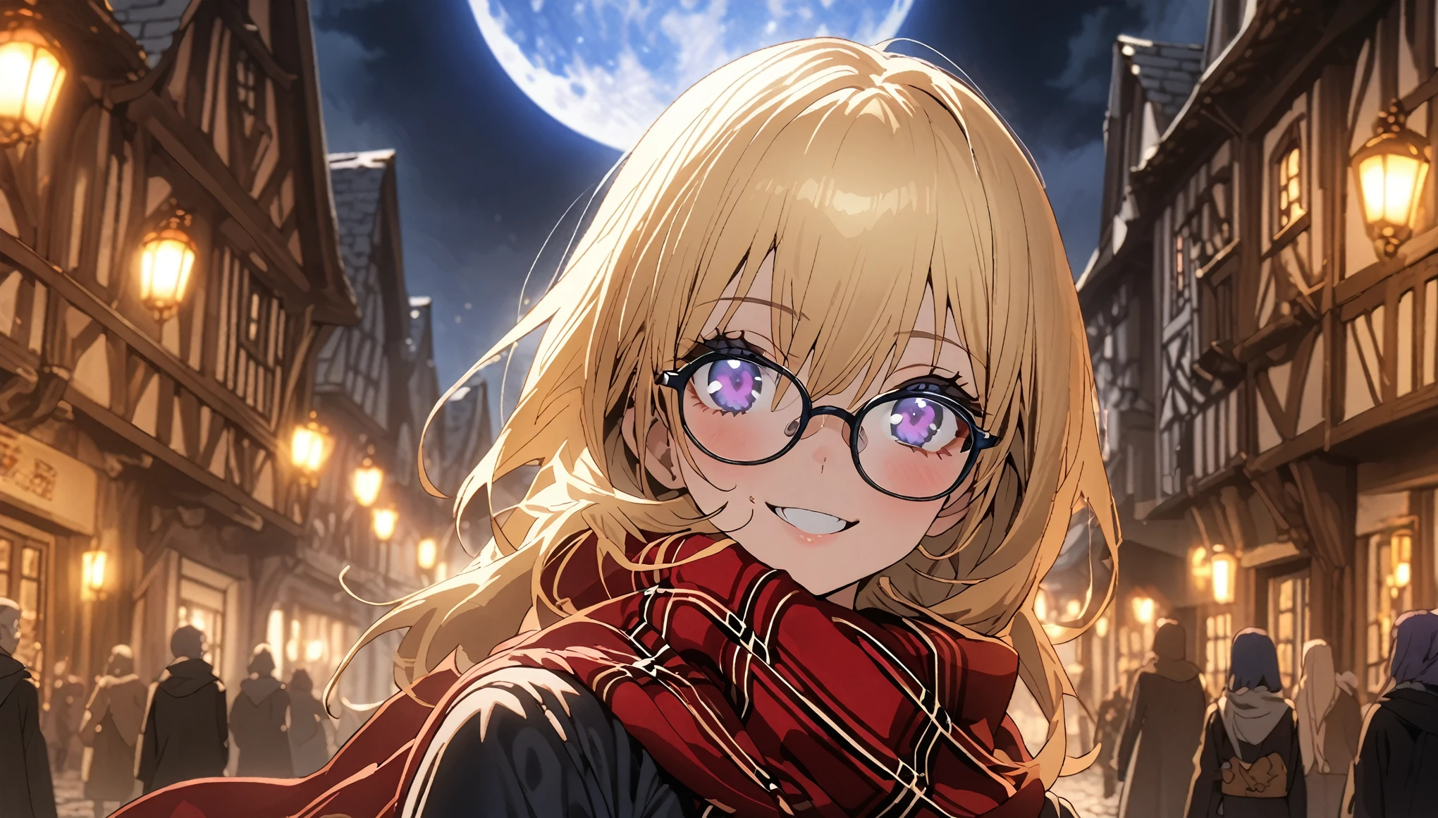 Anime aesthetic, 1girl, anime character, schoolgirl walking through the empty streets, dark night, european medieval town, huge blue moon, blue light, marin kitogava, potrait,  my dressup darling,long straight  blonde hair, glasses, light school suit, scarf, smile, deep purple beautiful eyes, wide shot, anatomically correct, masterpiece, 2k, extremely detailed