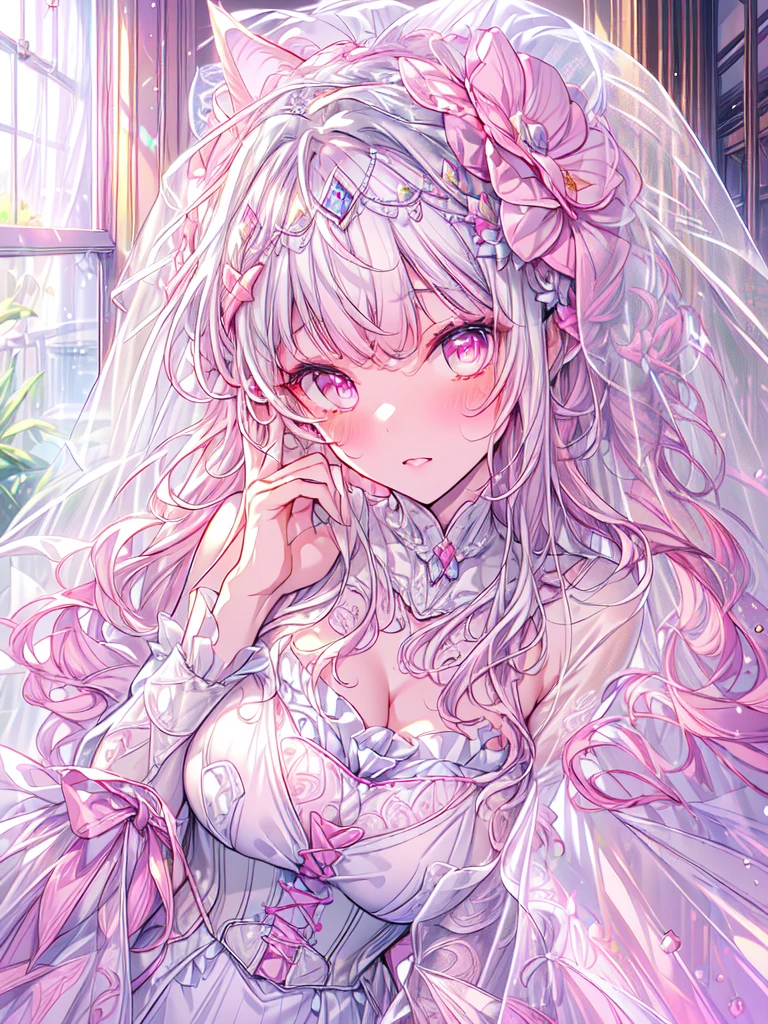 full dress shot, shot from above, (frontal-shot:1.5), full-body illustration, (((full body, depicts whole body, full body portrait, whole body))), portrait, 1girl, solo, beautiful gorgeous captivating cute adorable princess, (white_cat_ears:1.5), looking at viewer, cute blush, (blushing:1.5), heavy blush, (pink eyes:1.5) , (((hyper detail delicate beautiful eyes , big eyes, clear eyes, extremely detailed))), (soft thin lines:1.2, beautiful, delicate and pretty face, young face, smiling), ((large amount of straight hair, extremely voluminous very long hair, absolutely long straight hair)), (white hair:1.5), (long bridal veil:1.5), (face veil:1.5), frilly collar, skin dentation, pale skin, slim, (extremely gigantic large breasts:1.5), breasts cleavage, breasts focus, (((extremely detailed hands, delicate hands, beautiful hands, 5-fingers))), (frilly wrist cuffs:1.5), (white and pink ball gown dress:1.5), (((pure white lace and frills, dress with motif of ribbons))), (floor length gown:1.5), (white laced leather corset:1.5), masterpiece, (Full-HD:1.5), (highres:1.5), (absurdres:1.5), (high quality:1.5), (high resolution:1.5), (best image:1.5), (ultra quality:1.5), HDR, 16K, (highly detailed), fantasy scene, dreamy fantasy, fantasy palace background, (standing:1), (glow, god rays, radiant, ethereal, dreamy, heavenly, otherworldly, dream-like, breathtaking, captivating, divine), (depth of field), sharp focus, vibrant lighting