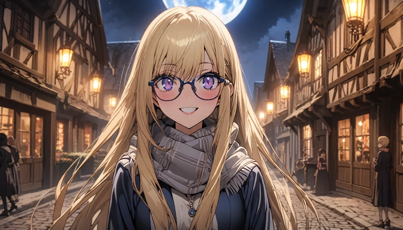 Anime aesthetic, dark blue colours, 1girl, anime character, schoolgirl walking through the empty streets, dark night, european medieval town, huge blue moon, blue light, marin kitogava, potrait,  my dressup darling,long straight  blonde hair, glasses, light school suit, scarf, smile, deep purple beautiful eyes, wide shot, anatomically correct, masterpiece, 2k, extremely detailed