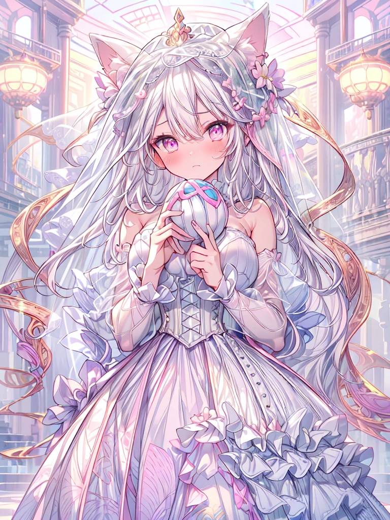 full dress shot, shot from above, (frontal-shot:1.5), full-body illustration, (((full body, depicts whole body, full body portrait, whole body))), portrait, 1girl, solo, beautiful gorgeous captivating cute adorable princess, (white_cat_ears:1.5), looking at viewer, cute blush, (blushing:1.5), heavy blush, (pink eyes:1.5) , (((hyper detail delicate beautiful eyes , big eyes, clear eyes, extremely detailed))), (soft thin lines:1.2, beautiful, delicate and pretty face, young face, smiling), ((large amount of straight hair, extremely voluminous very long hair, absolutely long straight hair)), (white hair:1.5), (long bridal veil:1.5), (face veil:1.5), frilly collar, skin dentation, pale skin, slim, (extremely gigantic large breasts:1.5), breasts cleavage, breasts focus, (((extremely detailed hands, delicate hands, beautiful hands, 5-fingers))), (frilly wrist cuffs:1.5), (white and pink ball gown dress:1.5), (((pure white lace and frills, dress with motif of ribbons))), (floor length gown:1.5), (white laced leather corset:1.5), masterpiece, (Full-HD:1.5), (highres:1.5), (absurdres:1.5), (high quality:1.5), (high resolution:1.5), (best image:1.5), (ultra quality:1.5), HDR, 16K, (highly detailed), fantasy scene, dreamy fantasy, fantasy palace background, (standing:1), (glow, god rays, radiant, ethereal, dreamy, heavenly, otherworldly, dream-like, breathtaking, captivating, divine), (depth of field), sharp focus, vibrant lighting