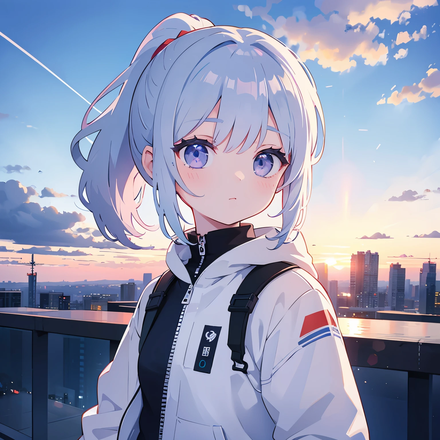  masterpiece , Best picture quality, Extremely vivid,  anime girl with curly ponytail , 娇Small身材, White functional jacket, Small,   blue-purple gradient ski goggles ,  cyberpunk , White hair, Natural casual style , Dynamic posture,  golden ratio , Large aperture portrait, Cool colors,   strong visual impact  , White Space, Light and shadow contrast,  Super Textured , Sunset, Ultra-clear pictures, Simple pictures