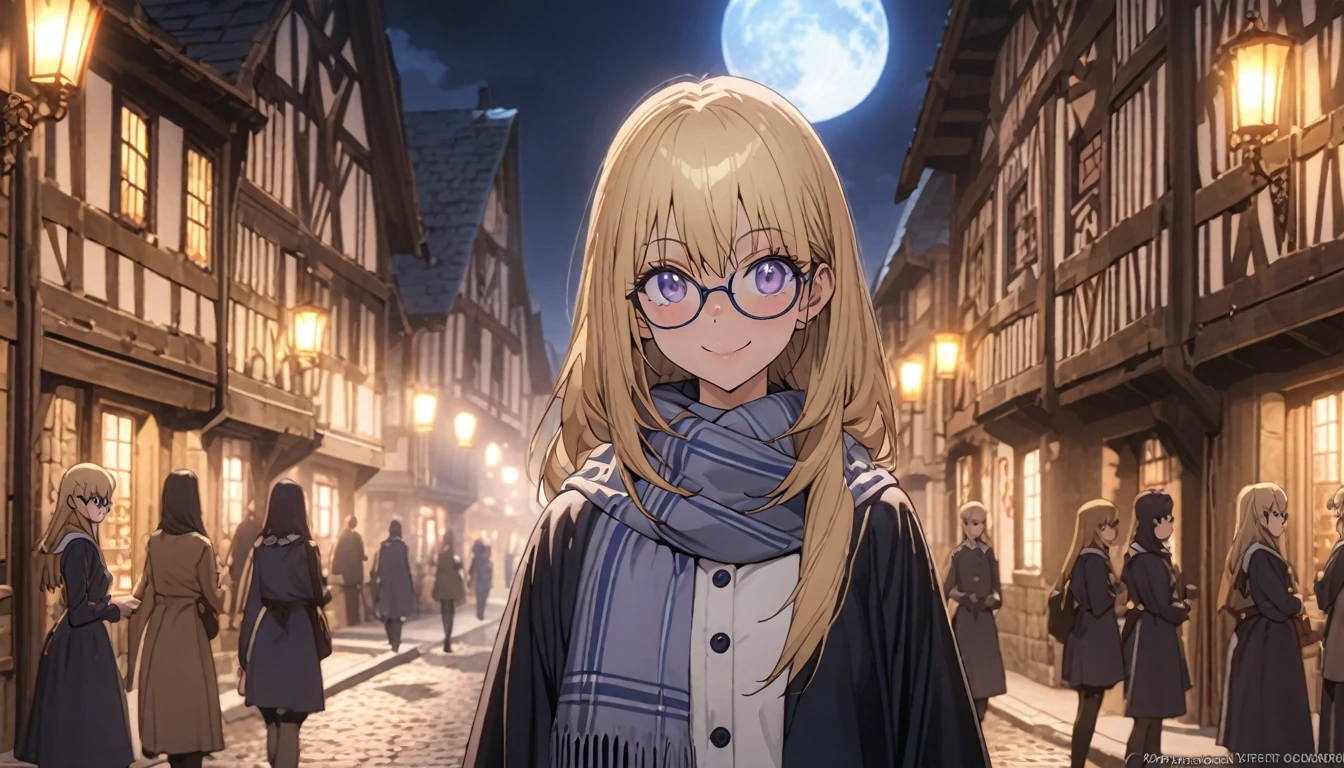 Anime aesthetic, dark blue colours, 1girl, anime character, schoolgirl walking through the empty streets, huge blue moon, dark night, midnight, european medieval town, blue light, marin kitogava, potrait,  my dressup darling,long straight  blonde hair, glasses, light school suit, scarf, smile, deep purple beautiful eyes, wide shot, anatomically correct, masterpiece, 2k, extremely detailed