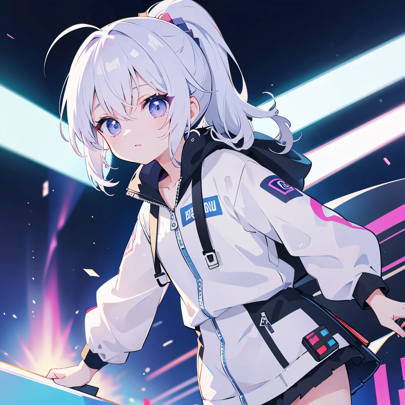  masterpiece , Best picture quality, Extremely vivid,  anime girl with curly ponytail , 娇Small身材, White functional jacket, Small,   blue-purple gradient ski goggles ,  cyberpunk , White hair, Natural casual style , Dynamic posture,  golden ratio , Large aperture portrait, Cool colors,   strong visual impact  , White Space, Light and shadow contrast,  Super Textured , Sunset, Ultra-clear pictures, Simple pictures