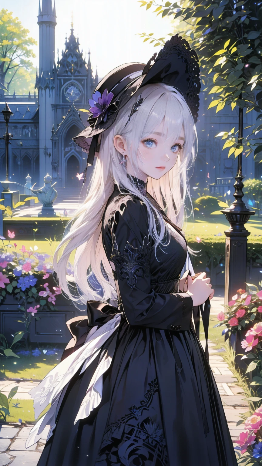 ネオゴススタイルの  girl, Wearing a black dress and a white collar, Wearing a black hat 、 with heavy makeup ,  she's standing in a mysterious garden  、Surrounded by vines  . The garden is full of dark purple flowers  .、Gothic architecture in the background。.  girl&#39;Iの髪は黒色、  her hair is long braided  .、  has red roses next to her  。. Her eyes are sharp、It&#39;stabbing.,  thick black eyeliner and red roses blooming next to long eyelashes  .  she has white skin .、Lips bright red.. The atmosphere is gloomy and eerie, Dim lighting casts long shadows.  This work is a combination of digital illustrations and photographs.., result、そのresult、Incredibly high resolution images。. Most colors are dark、I&#39;kind,  dark red and purple exude dark beauty ..  The overall style is neo-gothic  ., Horror,  Portrait photo  ,  creates a unique and fascinating visual experience  .Dark Imagery