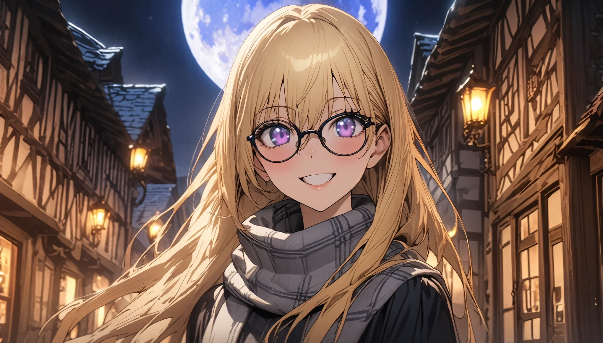 Anime aesthetic, dark blue colours, 1girl, anime character, schoolgirl walking through the empty streets, huge blue moon, dark night, midnight, european medieval town, blue light, marin kitogava, potrait,  my dressup darling,long straight  blonde hair, glasses, light school suit, scarf, smile, deep purple beautiful eyes, wide shot, anatomically correct, masterpiece, 2k, extremely detailed