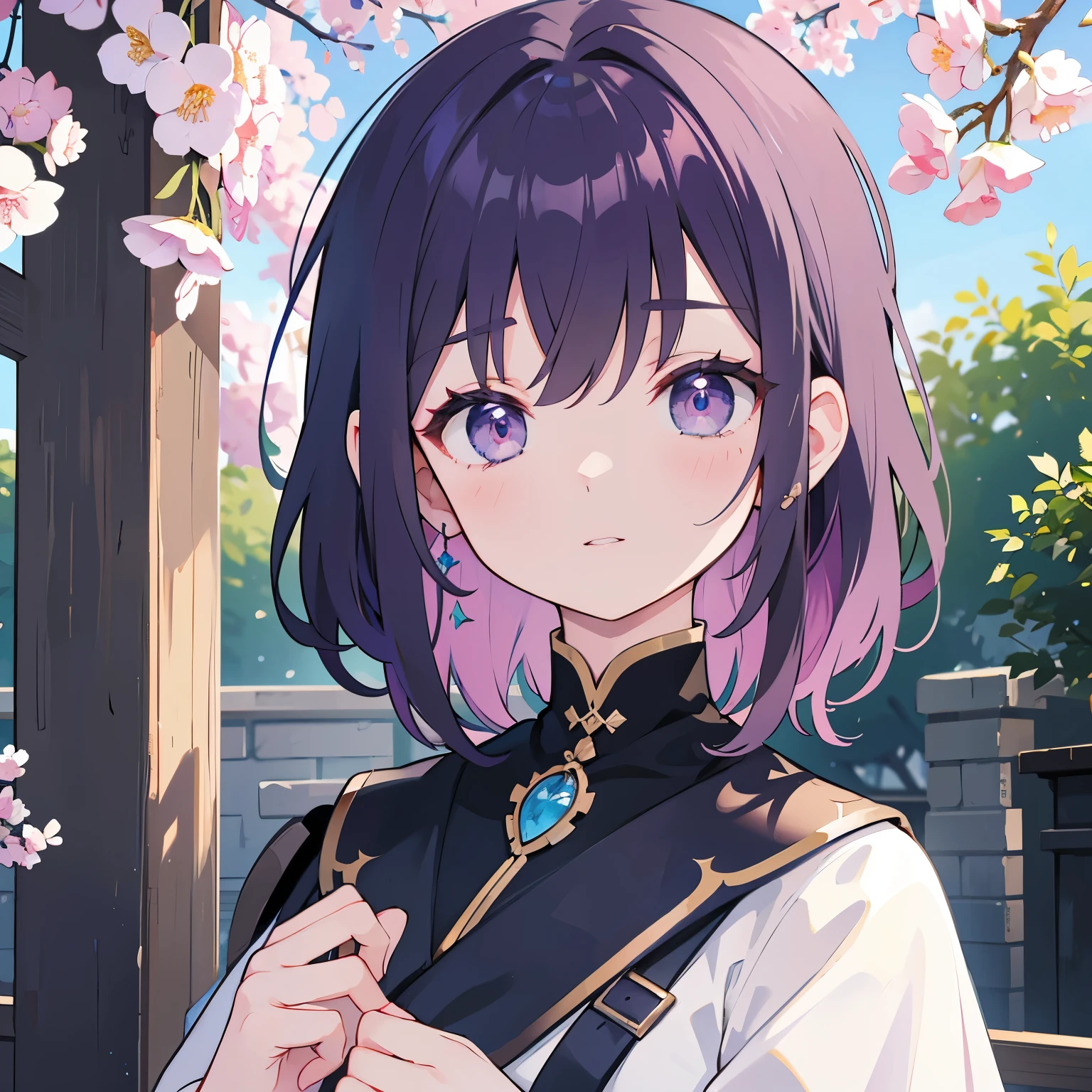  high resolution , masterpiece ,Zakura Magiri,,  purple hair,  alone , 1 Girl,external, Detailed Background ,  meticulous eyes,