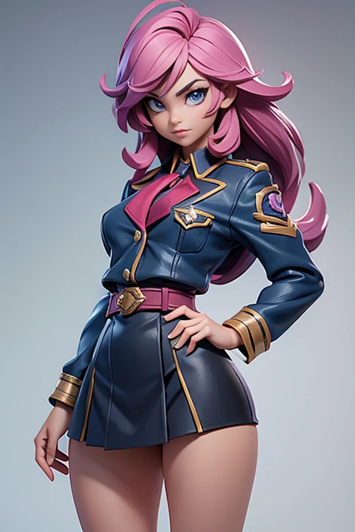 Q version of League of Legends Vi figure, wearing a high school girl's uniform, buttocks and thighs visible, standing with one hand on hip and legs spread apart, full-length view,