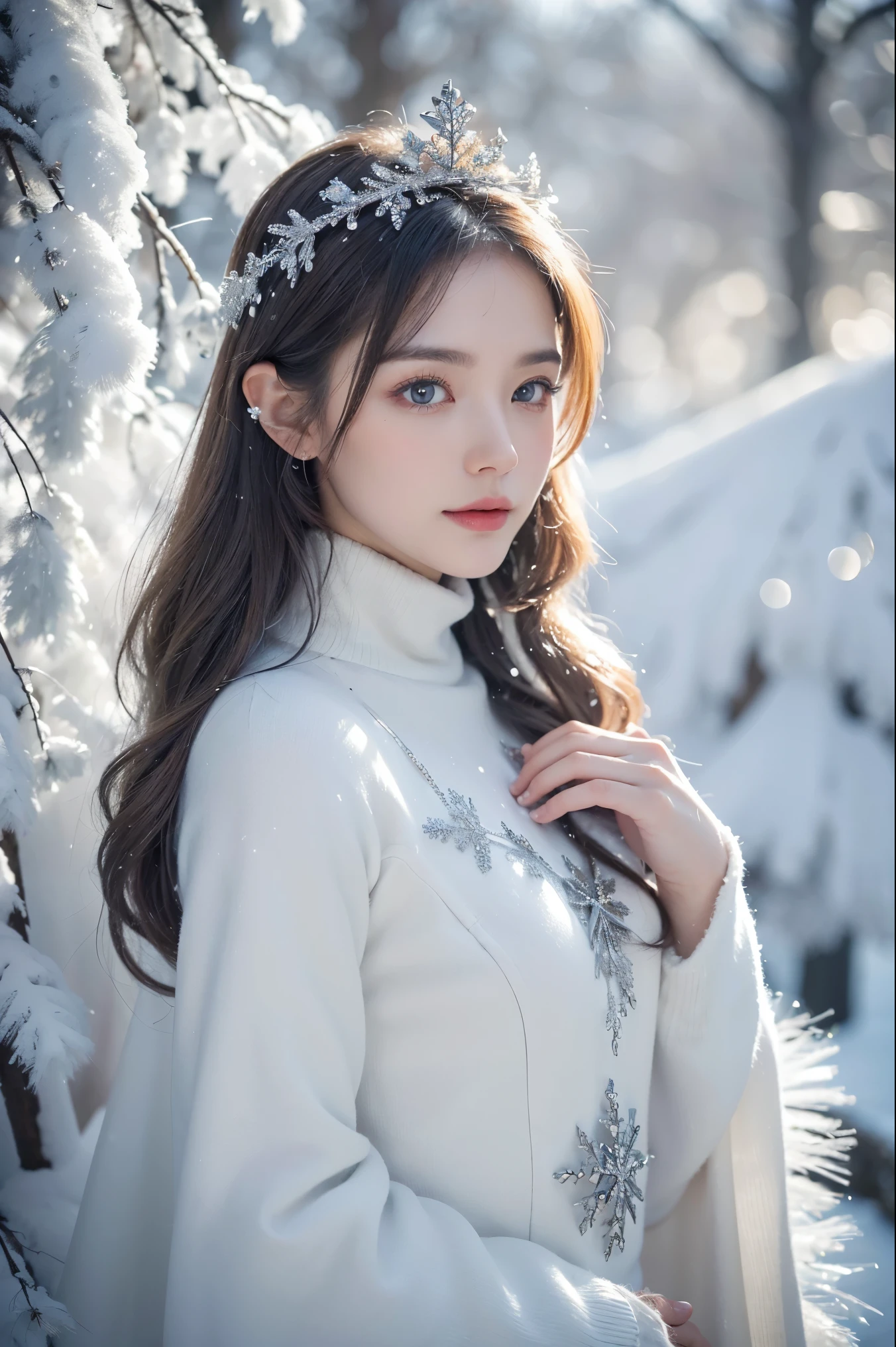 (tmasterpiece，8K,Best quality,A high resolution,ultra - detailed,ultra-realistic realism),The white,A world covered in silver, branches covered with snow, cold winter touch, Snowflakes dance like elves, Turn the world into a silver fairy tale, Cold, Peaceful and beautiful snow scene, cozy calm