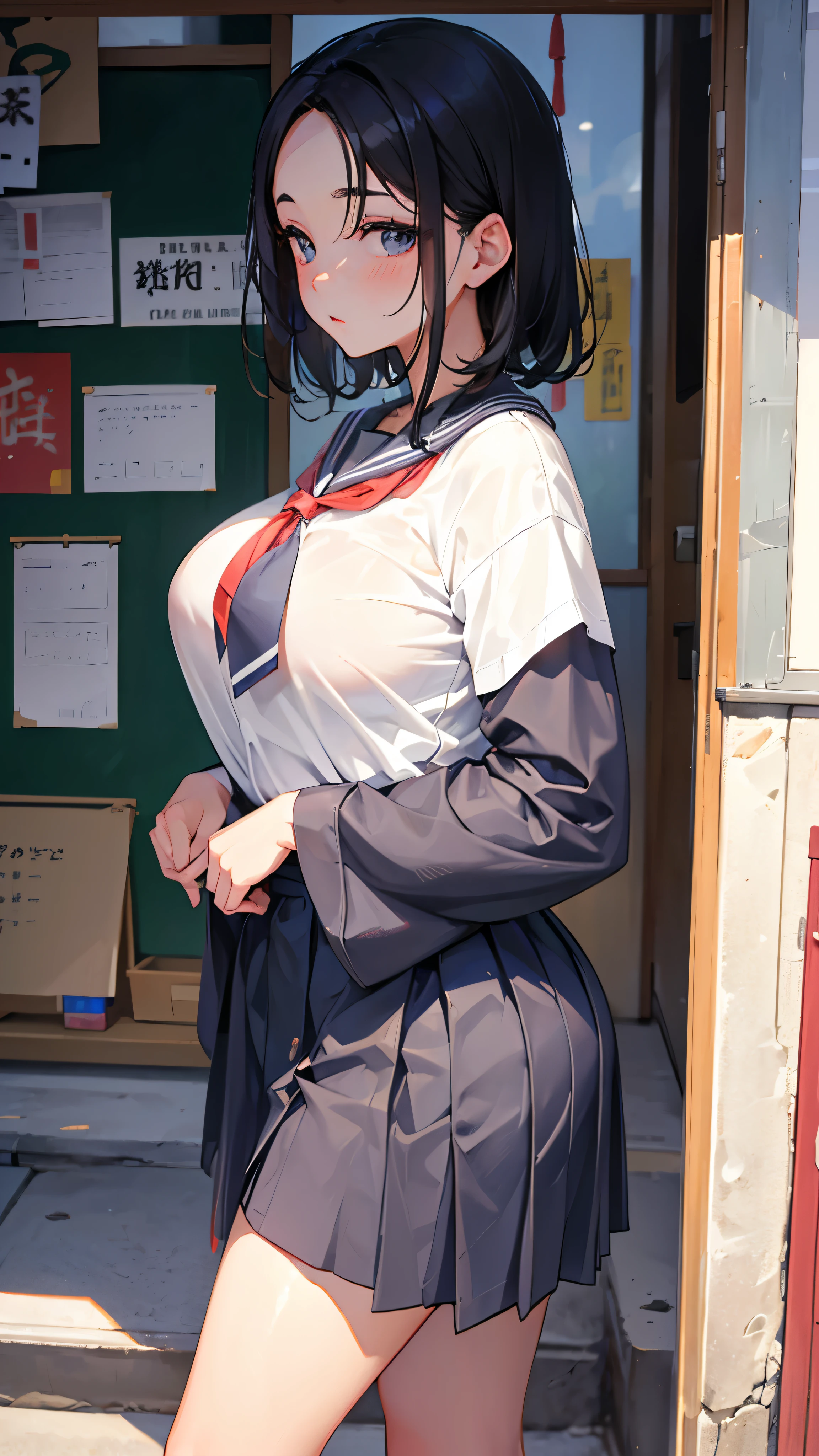 (（（Perfect body,White and tender skin,（（（ruanyi0533,blue pants,collared shirt,short sleeves,striped,sneakers,white shirt,）））,（（（hyuugahin,hyuugahin,hinata\(boruto\),hyuugahin, "black long hair", blue eyes,blunt bangs）））,((masterpiece)),high resolution, ((Best quality at best)),masterpiece,quality,Best quality,（（（ Exquisite facial features,Looking at the audience,There is light in the eyes,blush,Happy,lol）））,）））,（（（Light and shadow,Huge breasts）））,（（（Looking at the camera,black background,)））),