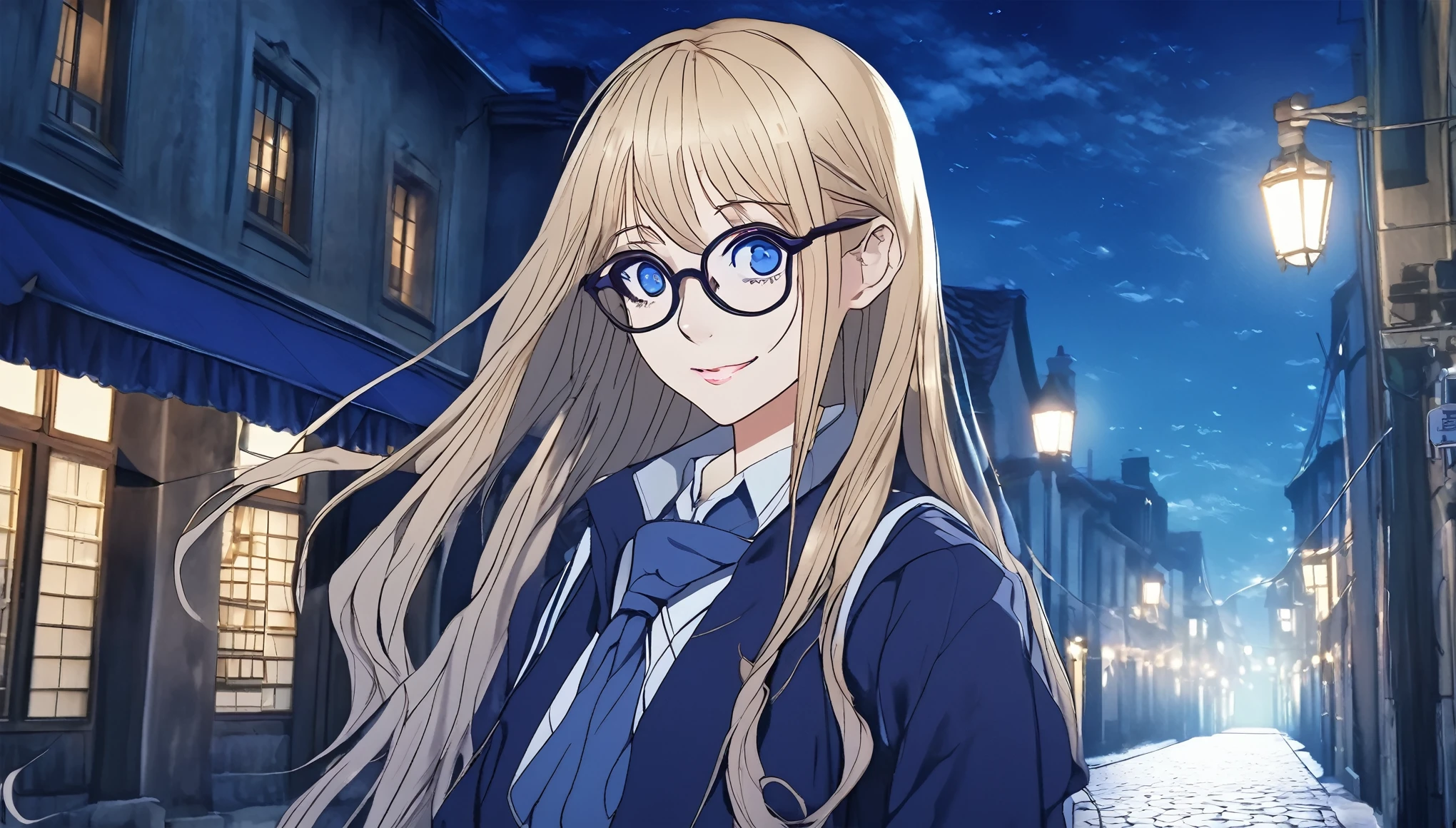 Anime aesthetic, dark blue colours, 1girl, anime character, schoolgirl walking through the empty streets, huge blue moon, dark night, midnight, european medieval town, blue light, marin kitogava, potrait,  my dressup darling,long straight  blonde hair, glasses, light school suit, scarf, smile, deep purple beautiful eyes, wide shot, anatomically correct, masterpiece, 2k, extremely detailed