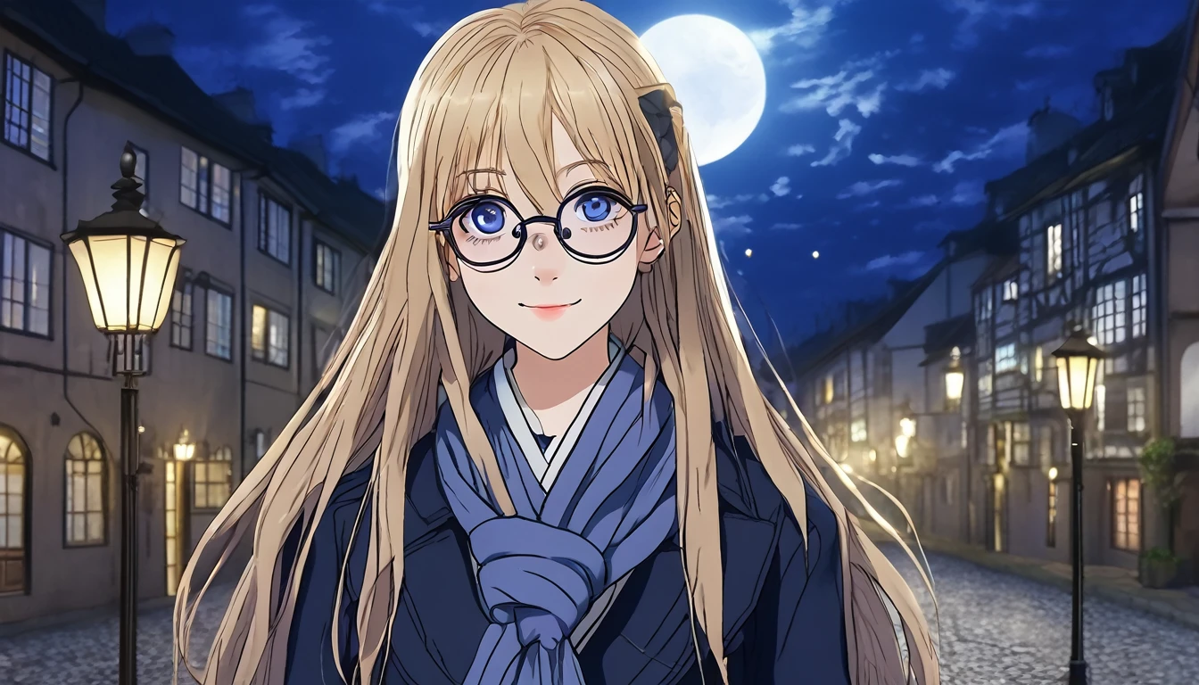 Anime aesthetic, dark blue colours, 1girl, anime character, schoolgirl walking through the empty streets, huge blue moon, dark night, midnight, european medieval town, blue light, marin kitogava, potrait,  my dressup darling,long straight  blonde hair, glasses, light school suit, scarf, smile, deep purple beautiful eyes, wide shot, anatomically correct, masterpiece, 2k, extremely detailed