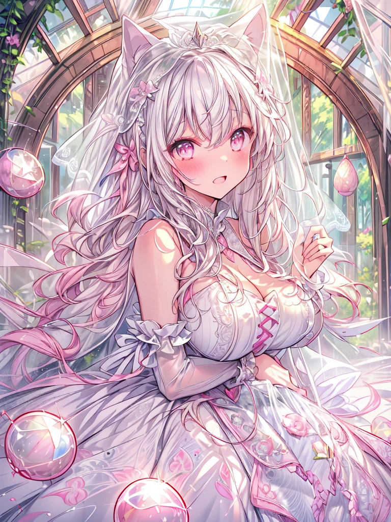 full dress shot, shot from above, (frontal-shot:1.5), full-body illustration, (((full body, depicts whole body, full body portrait, whole body))), portrait, 1girl, solo, beautiful gorgeous captivating cute adorable princess, (white_cat_ears:1.5), looking at viewer, cute blush, (blushing:1.5), heavy blush, (pink eyes:1.5) , (((hyper detail delicate beautiful eyes , big eyes, clear eyes, extremely detailed))), (soft thin lines:1.2, beautiful, delicate and pretty face, young face, smiling), ((large amount of straight hair, extremely voluminous very long hair, absolutely long straight hair)), (white hair:1.5), (long bridal veil:1.5), (face veil:1.5), frilly collar, skin dentation, pale skin, slim, (extremely gigantic large breasts:1.5), breasts cleavage, breasts focus, (((extremely detailed hands, delicate hands, beautiful hands, 5-fingers))), (frilly wrist cuffs:1.5), (white and pink ball gown dress:1.5), (((pure white lace and frills, dress with motif of ribbons))), (floor length gown:1.5), (white laced leather corset:1.5), masterpiece, (Full-HD:1.5), (highres:1.5), (absurdres:1.5), (high quality:1.5), (high resolution:1.5), (best image:1.5), (ultra quality:1.5), HDR, 16K, (highly detailed), fantasy scene, dreamy fantasy, fantasy palace background, (standing:1), (glow, god rays, radiant, ethereal, dreamy, heavenly, otherworldly, dream-like, breathtaking, captivating, divine), (depth of field), sharp focus, vibrant lighting